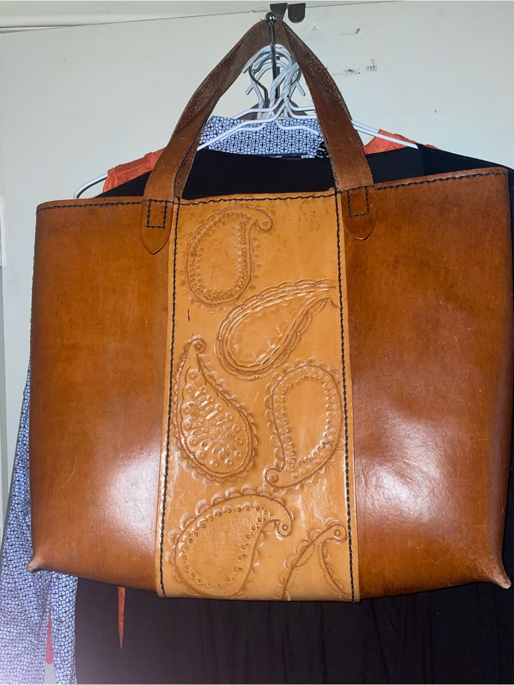 Women’s Leather Tote Bag in Tan with Embossed Paisley Panel